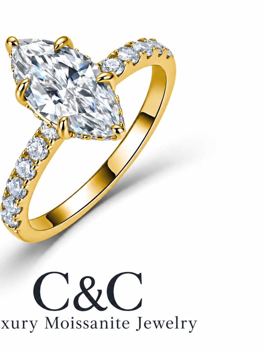 C.C Gold Marquise Moissanite Ring with Clear Stones